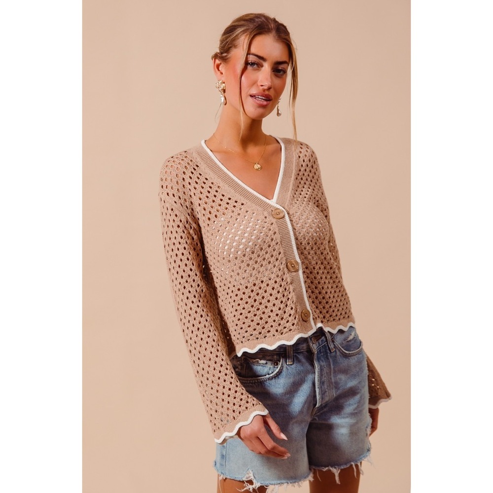 SO‎ ME Open Knit Light Weight Sweater Cardigan With Contrast Wavy Scallop Edge L - Picture 3 of 10